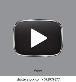 The play, rounded square shape, isolated on white background. Media player icon.  black color button on silver border.