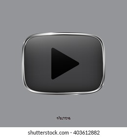 The play, rounded square shape, isolated on white background. Media player icon. Gray color button on silver border.