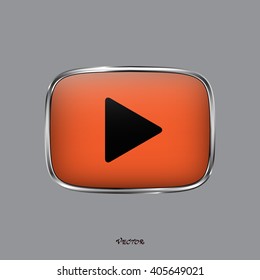 The play, rounded square shape, isolated on white background. Media player icon. Orange color button on silver border.