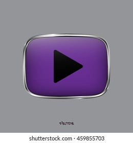 The play, rounded square shape, isolated on white background. Media player icon. violet white color button on silver border.