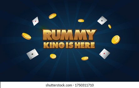 Play Rummy Banner. Floating Playing card. Floating Indian Coins. Poker Banner