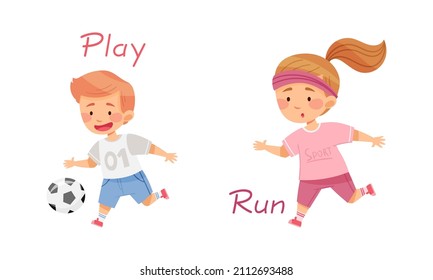 Play and run English action verbs for kids education set. Children doing daily routine activities vector illustration
