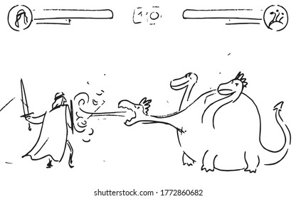 escena de una obra de teatro, el príncipe se defiende del dragón de tres cabezas, el fuego del dragón rociando, ilustración de un dibujo vectorial de un proyecto de guión gráfico.