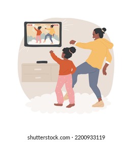 Play sensor game isolated cartoon vector illustration. Playing sensor video game at home, family leisure time, child and parent moving in front of TV screen, gaming night vector cartoon.