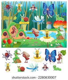 Juego para niños insectos en el bosque. Los insectos de pegatinas de dibujos animados. Juega con tu hijo, encuentra insectos por contorno y silueta. Infecciones humanizadas con manos y ojos para los niños.