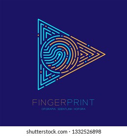 Play sign Fingerprint scan pattern logo dash line, digital technology start concept, Editable stroke illustration orange and blue isolated on dark blue background with Fingerprint text, vector eps