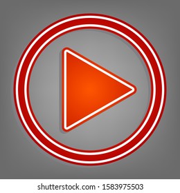 Play sign illustration. Flat red icon with linear white icon with gray shadow at grayish background. Illustration.