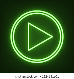 Play sign illustration. Green neon icon in the dark. Blurred lightening. Illustration.