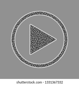 Play sign illustration. Vector. Black maze filled icon with white border at gray background.