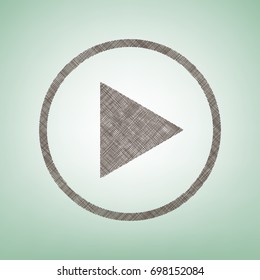 Play sign illustration. Vector. Brown flax icon on green background with light spot at the center.