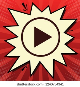 Play sign illustration. Vector. Dark red icon in lemon chiffon shutter bubble at red popart background with rays.