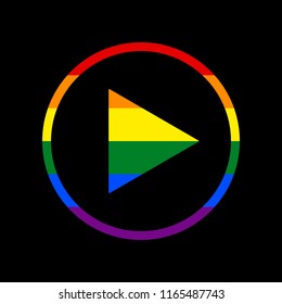 Play sign illustration. Vector. Icon with colors of LGBT flag at black background.
