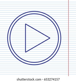 Play sign illustration. Vector. Navy line icon on notebook paper as background with red line for field.