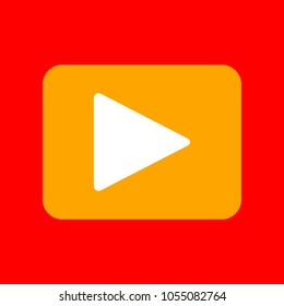 Play sign illustration. Vector. Orange icon with white holes if exist at red background. Isolated.