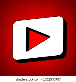 Play sign illustration. Vector. Perspective view of white icon with black outline at reddish background.