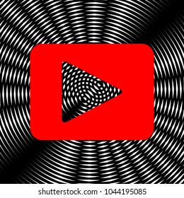 Play sign illustration. Vector. Red icon on white and black radial interference as background.
