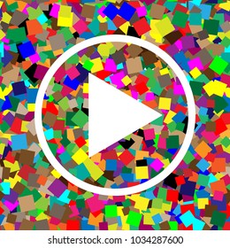 Play sign illustration. Vector. White icon on colorful background with seamless pattern from squares.
