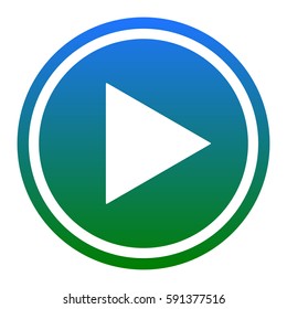 Play sign illustration. Vector. White icon in bluish circle on white background. Isolated.