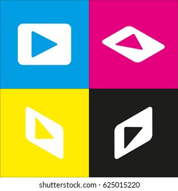 Play sign illustration. Vector. White icon with isometric projections on cyan, magenta, yellow and black backgrounds.