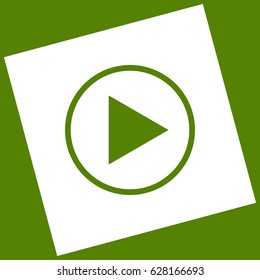 Play sign illustration. Vector. White icon obtained as a result of subtraction rotated square and path. Avocado background.