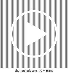 Play sign illustration. Vector. White icon on grayish striped background. Optical illusion.