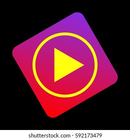 Play sign illustration. Vector. Yellow icon at violet-red gradient square with rounded corners rotated for dynamics on black background.