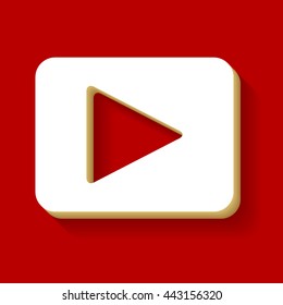 Play sign illustration. White button icon with wood color and shadow on dark red background.