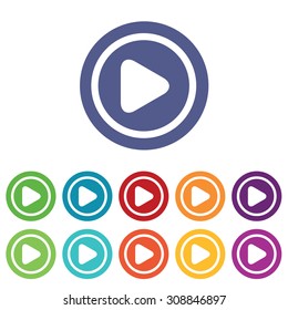 Play signs set, on colored circles, isolated on white