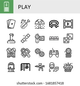 play simple icons set. Contains such icons as Sticks, Poker, Guitar, Water park, Trampoline, Film, Joystick, Dominoes, Video recorder, Movie, can be used for web, mobile and logo