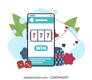 Play slots online. Smartphone near poker cards and chips, dices. Gambling and casino. Slot machine at mobile phone. Games for luck and fortune. Flat vector illustration