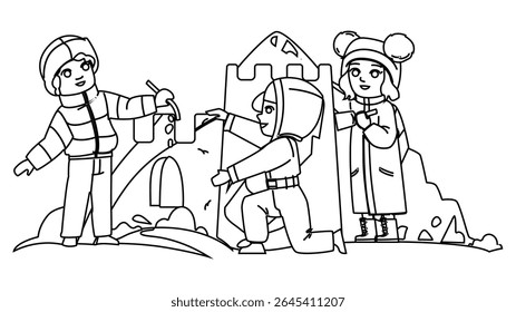 jogar neve fort kid vetor. construir divertido, iglu aventura, criatividade trabalho em equipe jogar neve fort kid character. pessoas linha preta desenho desenho ilustração