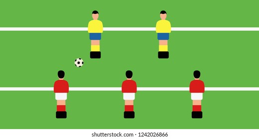 play soccer or kicker cartoon. funny character tournament. cover vector simple foosball national team toy & plastic sport group. closeup on Table football game isolated. players & figures flat design