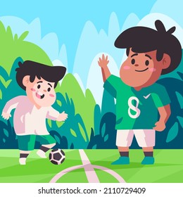 Play soccer kids children with dad father play football field trainer with boy sport ball