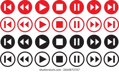 Conjunto de ilustración de icono de Botón de juego y parada, rojo y negro
