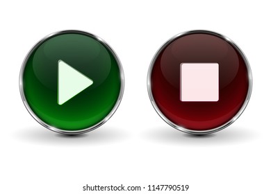 Play and Stop buttons. Green and red 3d icons with shadow, isolated on white background. Vector illustration