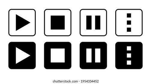 Play Stop Pause Details Set of Black and White Button Icons. Vector Image.