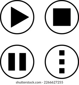 Play Stop Pause Details or Settings Icon Set of Round Black and White Button Symbols. Vector Image.