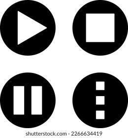 Play Stop Pause Details or Settings Icon Set of Round Black and White Button Symbols. Vector Image.