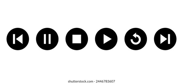Play, stop, pause, replay, previous, and next track icon vector. Video streaming elements
