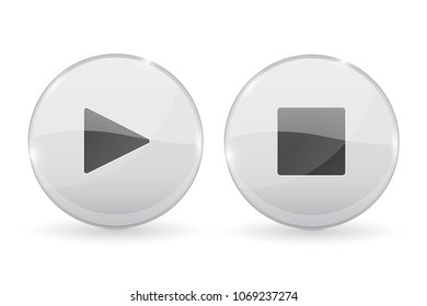 Play and Stop white glass 3d buttons. Vector illustration isolated on white background