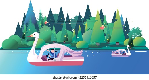 Play with a swan boat on the surface of a forest lake