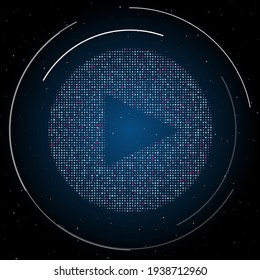 The play symbol filled with white dots. Pointillism style. Some dots is pink. Vector illustration on blue background with stars