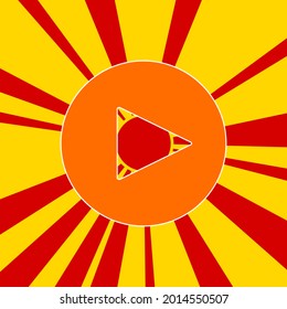 Símbolo de reproducción en un fondo de líneas radiales de explosión de flash rojo. El gran símbolo naranja se encuentra en el centro del sol, simbolizando la salida del sol. Ilustración del vector sobre fondo amarillo