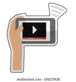 play symbol on digital device screen movie or video related icon image sticker vector illustration design 