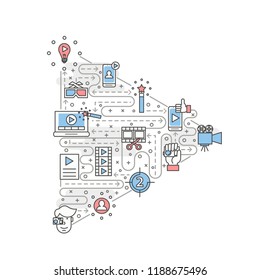 Play symbol shape poster banner template. Video and cinema production symbols vector thin line art flat style design elements, icons for web banners and printed materials.