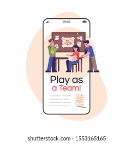 Play as team social media post smartphone app screen. Logic game, crime investigation. Mobile phone display with cartoon characters design mockup. Criminal quest room app telephone interface