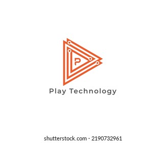 Play Tech Logo Concept sign icon symbol Design Line Art Style with Letter P. Technology Logotype. Vector illustration logo template