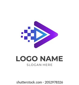play and tech logo design template concept vector with flat blue and purple color style