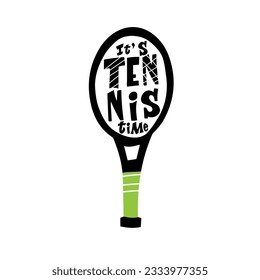 Play tennis hand drawn vector lettering quote. Motivational sport slogans with tennis balls and racket on white background. Competitive game, healthy lifestyle concept. 