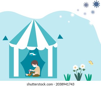 Children’s play tent isolation in COVID-19 (coronavirus) pandemic. Living a new normal life amid the COVID-19 (coronavirus) pandemic.